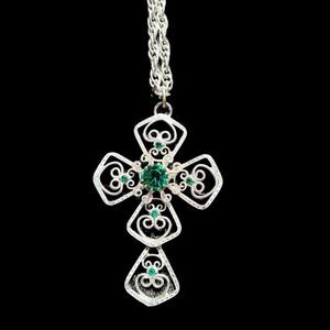 Silver Tone Cross Necklace with Green stones 24” Inch Chain Fashion Jewelry